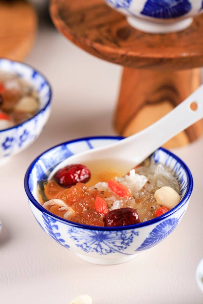 Peach Gum Triple Collagen Dessert (Tao Jiao), Chinese Traditional Refreshment Beverages Contains Peach Gum, Bird Nest, Red Dates, Snow Fungus, Goji Berry, and Rock Sugar.