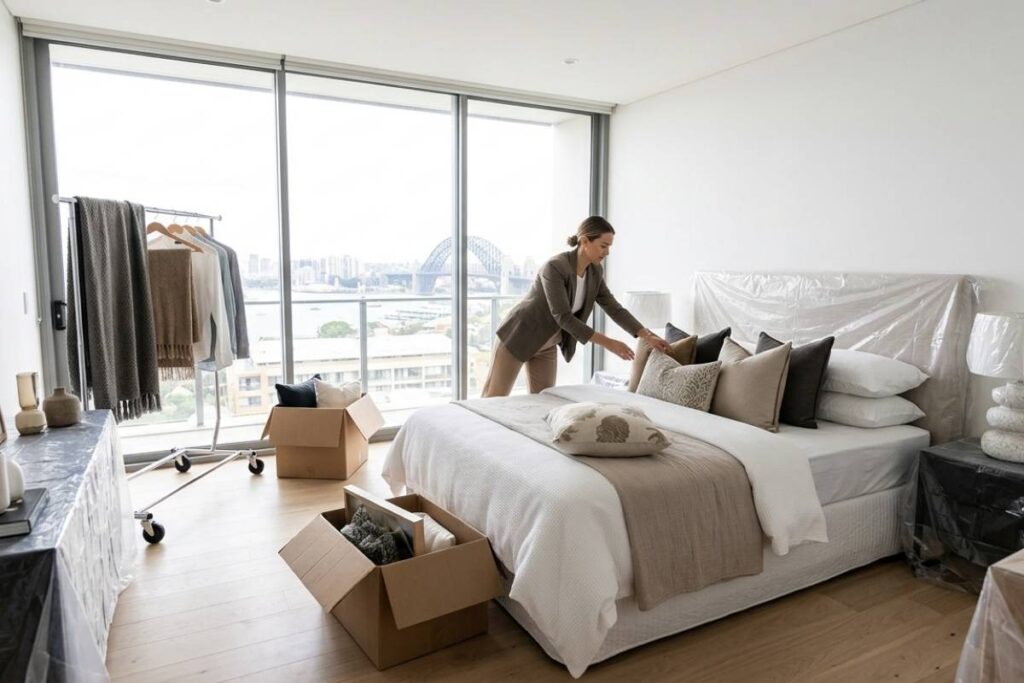Property stylist working in Sydney home to prepare bedroom for sale campaign
