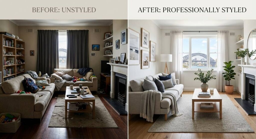 Before and after property styling comparison showing impact of professional home staging in Sydney